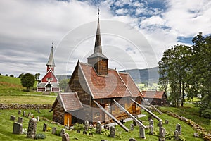 Traditional norwegian stave church. Rodven. Travel Norway. Tourism