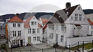 White wooden houses of Steinkjellerbakken in Bergen city in Norway