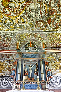 Traditional norwegian wooden church interior. Altar detail. Stordal