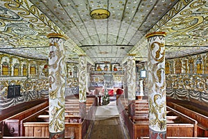 Traditional norwegian wooden church interior. Stordal stavkyrkje. Heritage