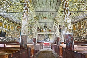 Traditional norwegian wooden church interior. Stordal stavkyrkje. Heritage