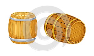 Traditional oak wooden barrels for wine, rum, beer, cognac, whiskey storage vector illustration