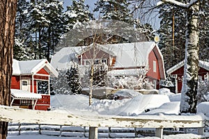 Traditional old big red wooden houses in countryside. Old wooden fence covered with snow in the foreground. Birch trees grow in th