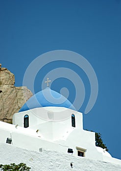 Traditional old church high on a hill, Ios island, Greece.