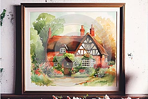 Traditional old English cottage house watercolor painting photo