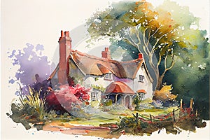 Traditional old English cottage house watercolour