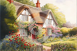 Traditional old English cottage in summer with colorful garden flowers
