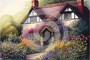 Traditional old English cottage in summer with colorful garden flowers