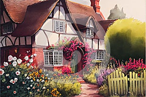 Traditional old English cottage in summer with colourful garden flowers
