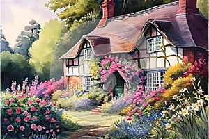 Traditional old English cottage in summer with colourful garden flowers