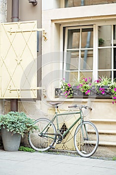 Traditional old european house and road with bicycles, flowers, plants and windows. Urban landscape