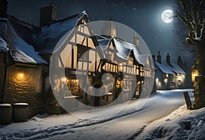 traditional old-fashioned english pub on a snow covered winter village street at night with a glowing moon