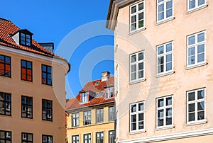 Traditional old houses on the street in Copenhagen.