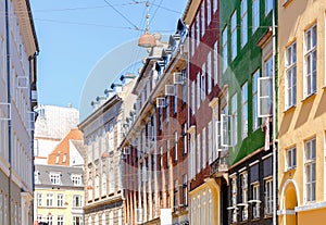 Traditional old houses on the street in Copenhagen.