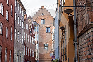 Traditional old houses on the street in Copenhagen, Denmark.