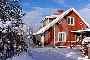 Traditional old red wooden houses in countryside. Decorative shrub around the house.