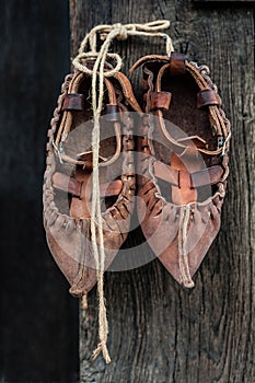 Traditional old shoes original from Bulgaria county, Opinci or carvuli shoes new, closeup