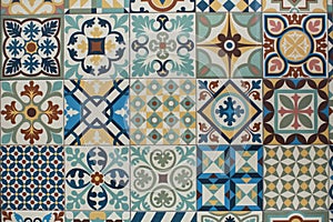 Traditional old tiles wall, painted tin-glazed, azulejos ceramic tilework in Porto