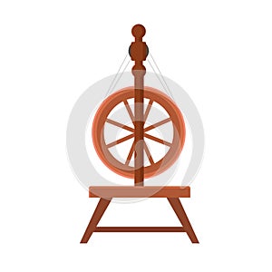 Traditional old  wooden cartoon distaff, spindle, spinning wheel.   Cartoon flat vector illustration isolated on white background.