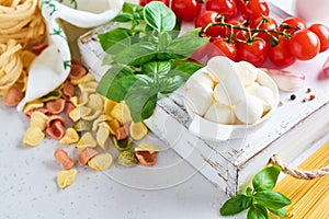 Traditional organic ingredients of italian cuisine : pasta, tomato, garlic, olive oil, mozzarella cheese balls and basil