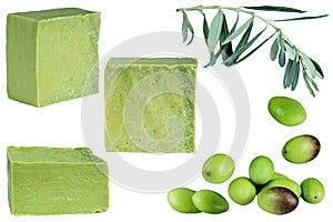 Traditional organic olive soap. Set of three handmade olive soap bars, green olives and olive branch with leaves isolated on white