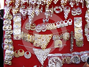 Traditional Oriental Arabic jewelry on display for sale in souk market