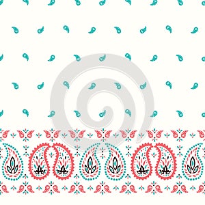 Traditional Oriental Colorful Paisley Vector Seamless Horizontal Border and Pattern. Whimsical Classic Indian Background