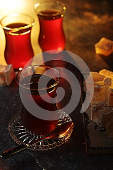 Traditional Turkish lokum with tea photo
