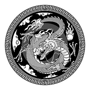 Traditional Oriental Dragon Symbol Hand Drawn in Circle Frame