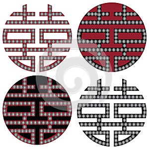 Traditional Oriental Korean symmetrical double happiness zen symbols in black, white and red with diamonds element fashion and tat