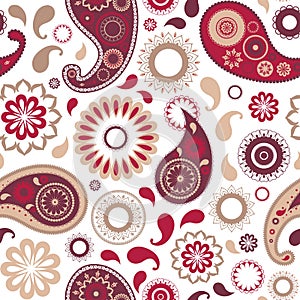 Traditional oriental paisley seamless pattern with motley buta motif and mehndi elements on white background. Colorful