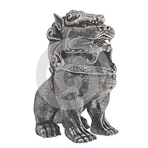 Traditional oriental stone statue. Mythical Chinese character dog lion. 3d render. isolated. black and white