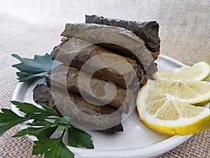 Traditional oriental Turkish dolma made of grape leaves stuffed with rice on decorative plate