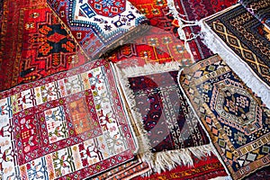 traditional oriental Turkmen handmade carpets at bazaar in Turkmenistan