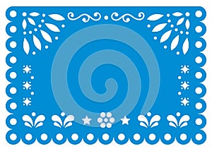 Papel Picado vector template design in blue with no text, Mexican paper decoration with flowers and geometric shapes - greeting ca photo