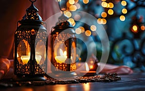 Traditional ornate lanterns casting a warm glow, evoking a sense of peace and mystique, perfect for Ramadan and festive