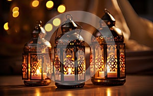 Traditional ornate lanterns casting a warm glow, evoking a sense of peace and mystique, perfect for Ramadan and festive