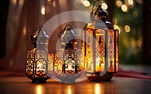 Traditional ornate lanterns casting a warm glow, evoking a sense of peace and mystique, perfect for Ramadan and festive