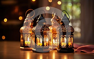 Traditional ornate lanterns casting a warm glow, evoking a sense of peace and mystique, perfect for Ramadan and festive