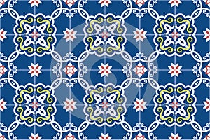 Traditional ornate portuguese and brazilian tiles azulejos in blue, yellow and pink. Spanish talavera tiles. Vintage pattern.