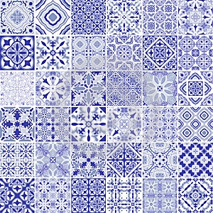Traditional ornate portuguese decorative tiles azulejos. Vintage pattern in blue theme. Abstract background. Vector hand