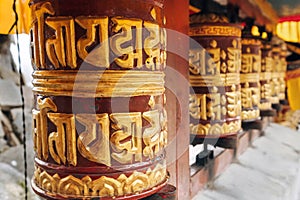 Traditional Ornate Tibetan prayer wheel in Pangboche monastery, Khumbu Valley, Nepal