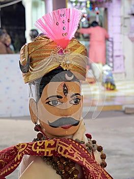 Traditional Pagdi for Utsav Murti ceremonial Processionof Lord Shiva at Vaijnath Shiv Mandir Kukadia Idar Sabarkantha Gujarat