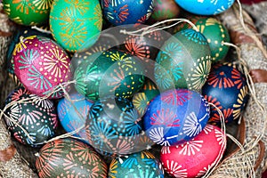 Traditional painted eastern eggs in handicraft mart Kaziukas, Vilnius, Lithuania