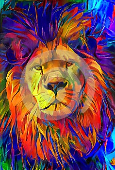 Traditional painting style of a male lion head. Vivid colors.