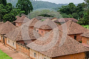 Traditional palace of the Fon of Bafut with brick and tile buildings and jungle environment, Cameroon, Africa photo