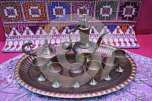 Traditional Palestinian tea set: made of bronze teapots, cups and tray