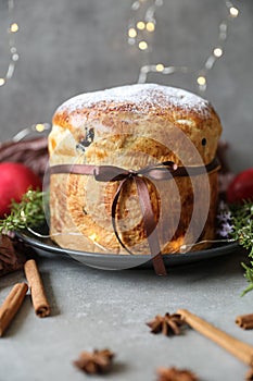 Traditional Panettone, an Italian sweet bread loaf, originally from Milan, for Christmas and New Year.