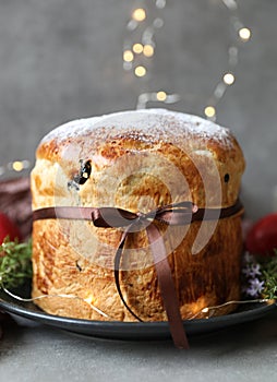 Traditional Panettone, an Italian sweet bread loaf, originally from Milan, for Christmas and New Year.