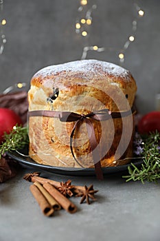 Traditional Panettone, an Italian sweet bread loaf, originally from Milan, for Christmas and New Year.